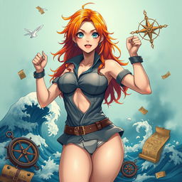 A beautifully artistic representation of a mature, confident woman inspired by anime styles, featuring a character resembling a popular anime navigator known for her striking orange hair and adventurous spirit