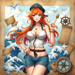 A beautifully artistic representation of a mature, confident woman inspired by anime styles, featuring a character resembling a popular anime navigator known for her striking orange hair and adventurous spirit
