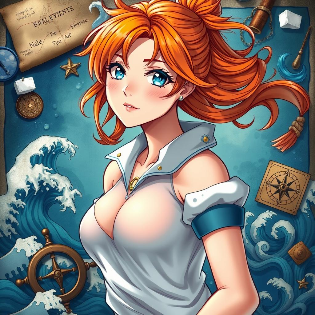 A beautifully artistic representation of a mature, confident woman inspired by anime styles, featuring a character resembling a popular anime navigator known for her striking orange hair and adventurous spirit