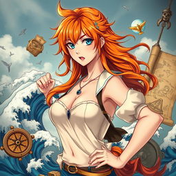 A beautifully artistic representation of a mature, confident woman inspired by anime styles, featuring a character resembling a popular anime navigator known for her striking orange hair and adventurous spirit