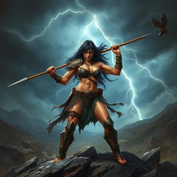 A muscular female Goliath fighter with striking dark hair, exuding strength and power