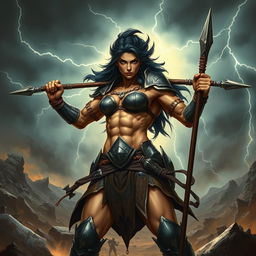 A muscular female Goliath fighter with striking dark hair, exuding strength and power