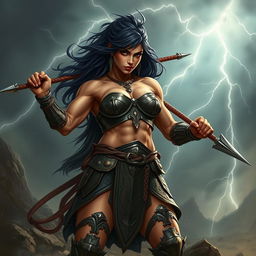A muscular female Goliath fighter with striking dark hair, exuding strength and power