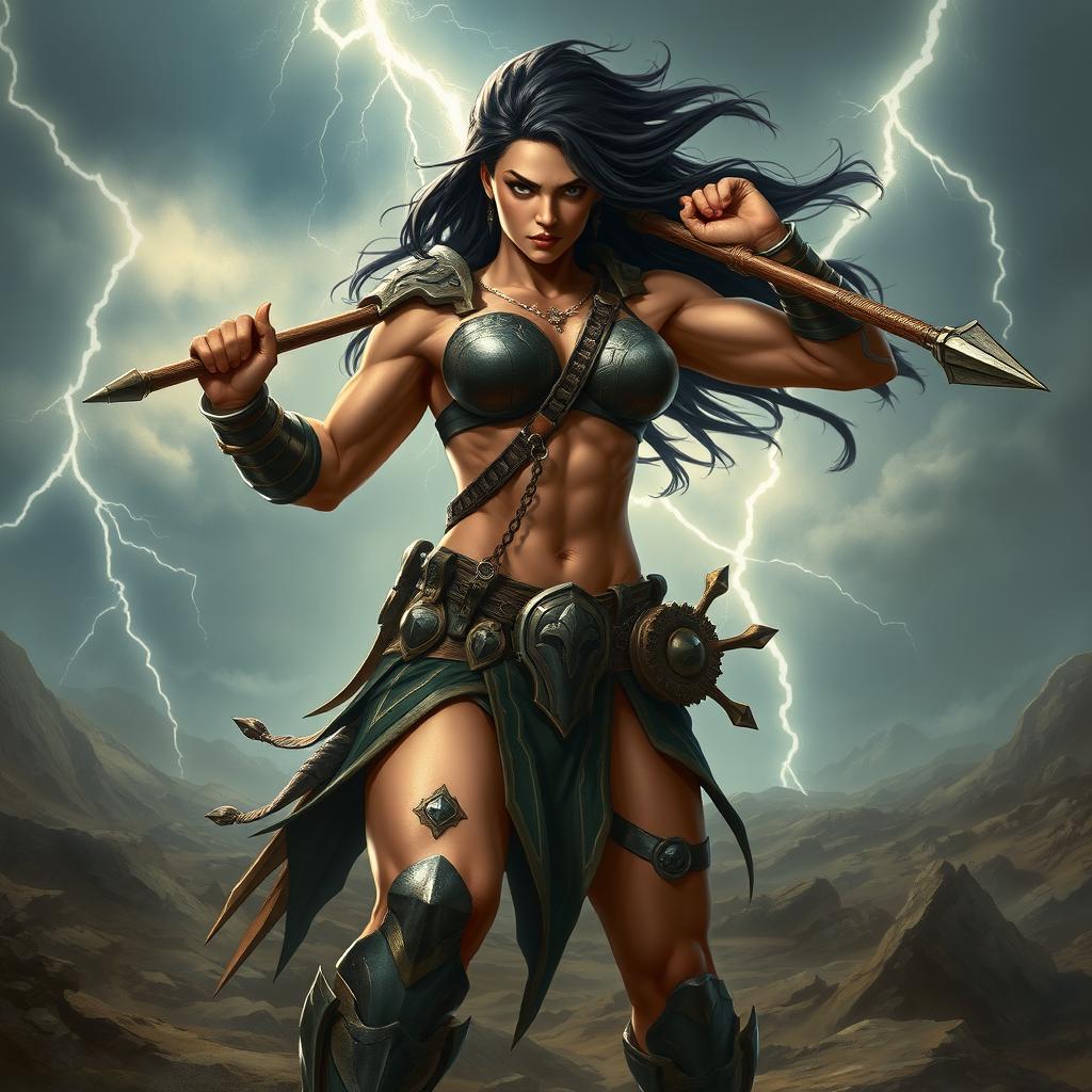 A muscular female Goliath fighter with striking dark hair, exuding strength and power