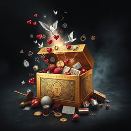 A striking cover design featuring Pandora's Box, slightly ajar and releasing a cascade of symbolic items