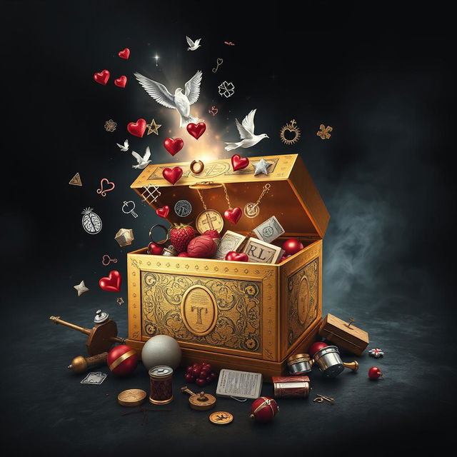 A striking cover design featuring Pandora's Box, slightly ajar and releasing a cascade of symbolic items