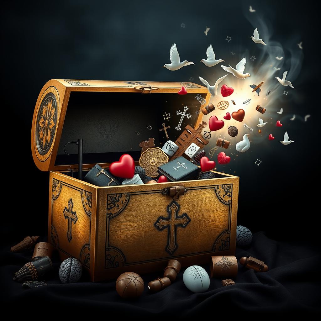 A striking cover design featuring Pandora's Box, slightly ajar and releasing a cascade of symbolic items