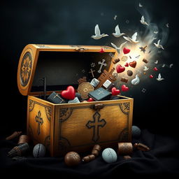 A striking cover design featuring Pandora's Box, slightly ajar and releasing a cascade of symbolic items