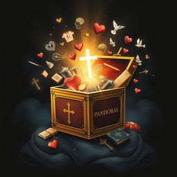 A captivating cover design showcasing Pandora's Box, slightly ajar, releasing a myriad of symbolic items