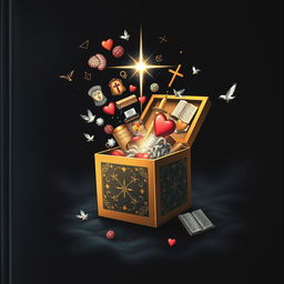 A captivating cover design showcasing Pandora's Box, slightly ajar, releasing a myriad of symbolic items