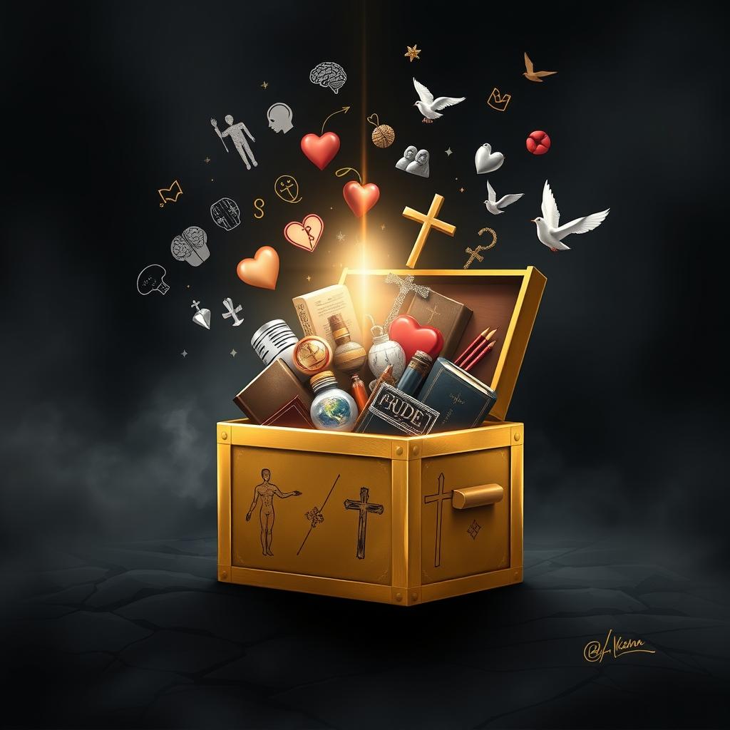 A captivating cover design showcasing Pandora's Box, slightly ajar, releasing a myriad of symbolic items