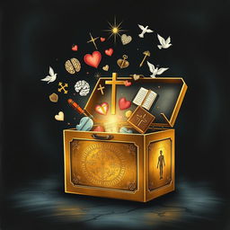A captivating cover design showcasing Pandora's Box, slightly ajar, releasing a myriad of symbolic items