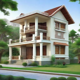 A stunning two-level house, in glorious Assam style design, adorned with a sheet on the first floor and a charming balcony area.