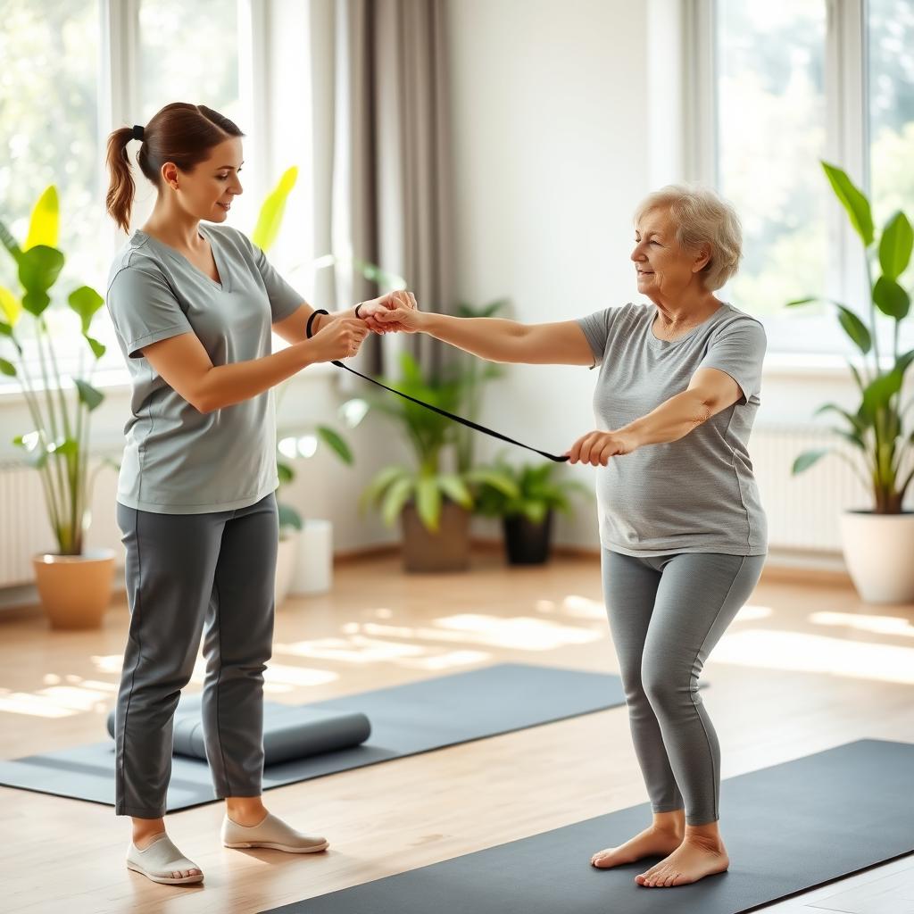 A serene physiotherapy session taking place in a bright, airy clinic