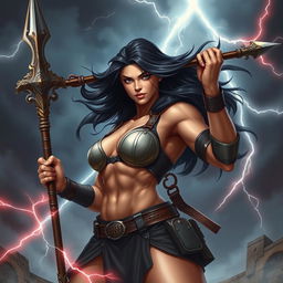 A muscular female fighter resembling Goliath, showcasing her strength and confidence