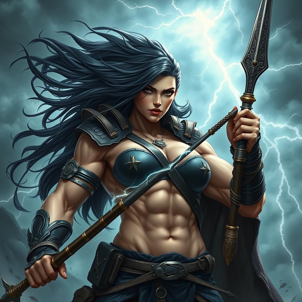 A muscular female fighter resembling Goliath, showcasing her strength and confidence