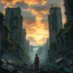 A detailed post-apocalyptic scene depicting a desolate urban landscape overgrown with vegetation
