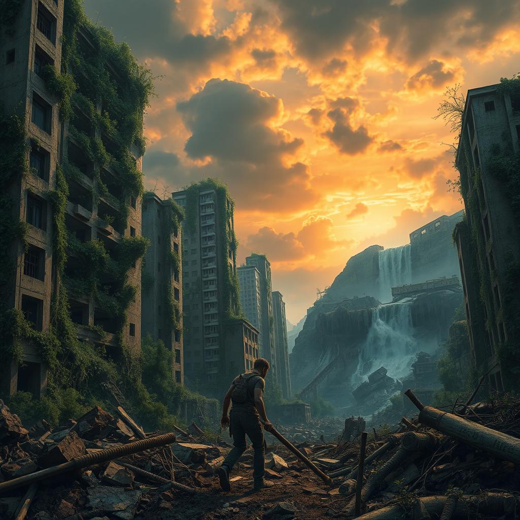 A detailed post-apocalyptic scene depicting a desolate urban landscape overgrown with vegetation