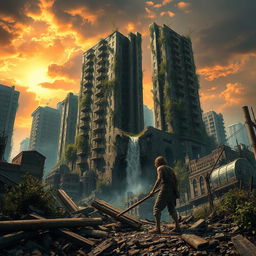 A detailed post-apocalyptic scene depicting a desolate urban landscape overgrown with vegetation