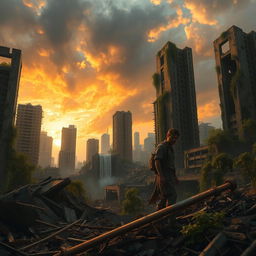 A detailed post-apocalyptic scene depicting a desolate urban landscape overgrown with vegetation