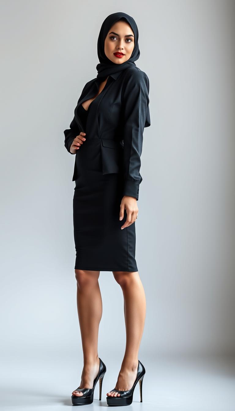 A 46-year-old Slavic secretary standing in a side view, looking into the camera with a confident expression
