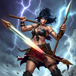 A muscular female fighter with dark hair, standing fiercely in an action pose