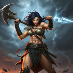A muscular female fighter with dark hair, standing fiercely in an action pose