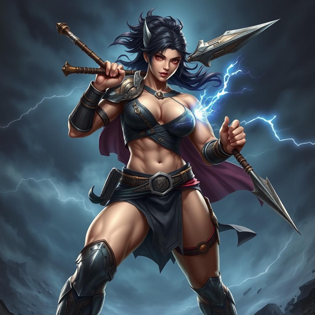 A muscular female fighter with dark hair, standing fiercely in an action pose