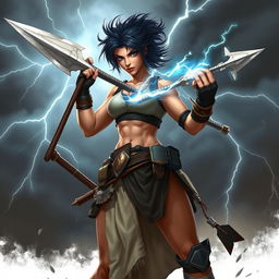 A muscular female fighter with dark hair, standing fiercely in an action pose