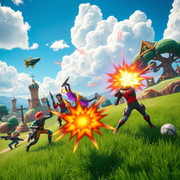 A vibrant scene depicting a battle royale in a Fortnite-style environment