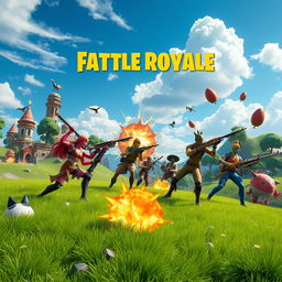 A vibrant scene depicting a battle royale in a Fortnite-style environment