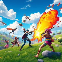 A vibrant scene depicting a battle royale in a Fortnite-style environment