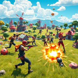 A vibrant scene depicting a battle royale in a Fortnite-style environment