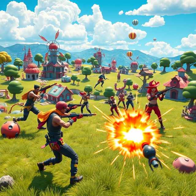A vibrant scene depicting a battle royale in a Fortnite-style environment