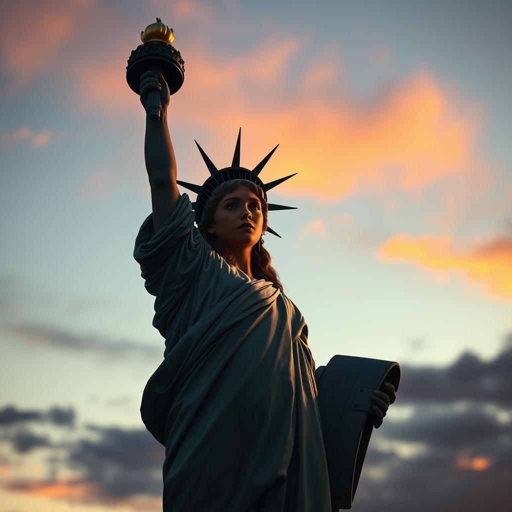A girl styled to resemble the Statue of Liberty, standing tall with a torch held high, embodying the essence of freedom and hope