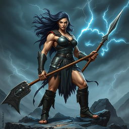 A muscular female fighter resembling a Goliath, standing confidently and powerfully