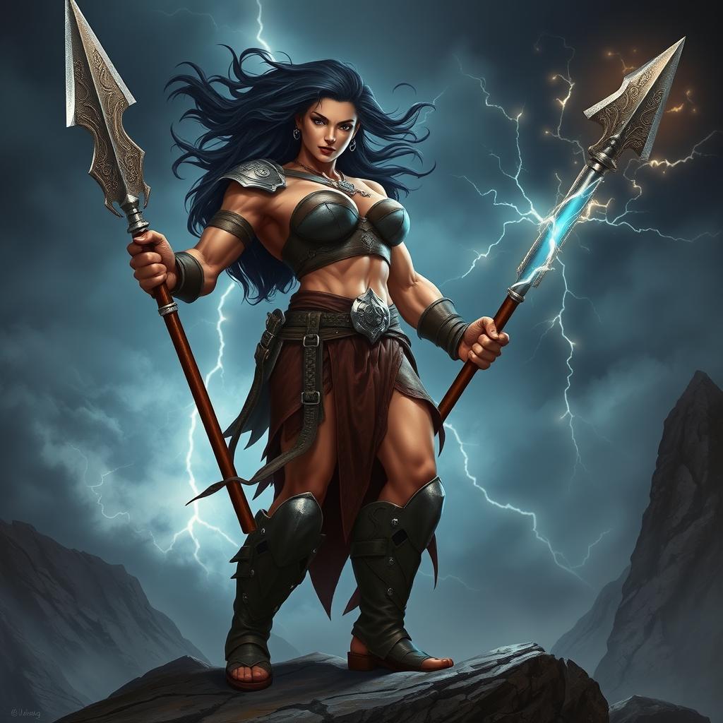 A muscular female fighter resembling a Goliath, standing confidently and powerfully