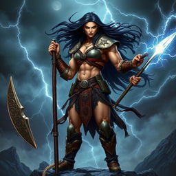 A muscular female fighter resembling a Goliath, standing confidently and powerfully