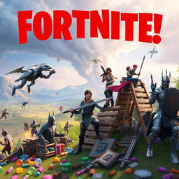 A vibrant and action-packed Fortnite game scene featuring diverse Fortnite characters in various costumes in an epic battle royale setting