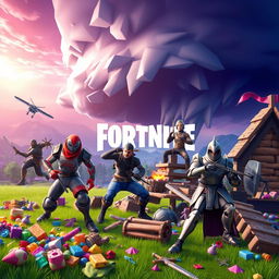 A vibrant and action-packed Fortnite game scene featuring diverse Fortnite characters in various costumes in an epic battle royale setting