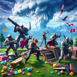 A vibrant and action-packed Fortnite game scene featuring diverse Fortnite characters in various costumes in an epic battle royale setting
