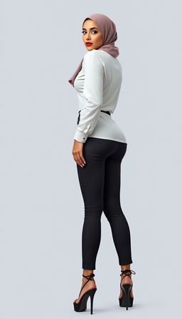 A 46-year-old Slavic secretary portrayed from a back view, glancing back at the camera with a poised expression