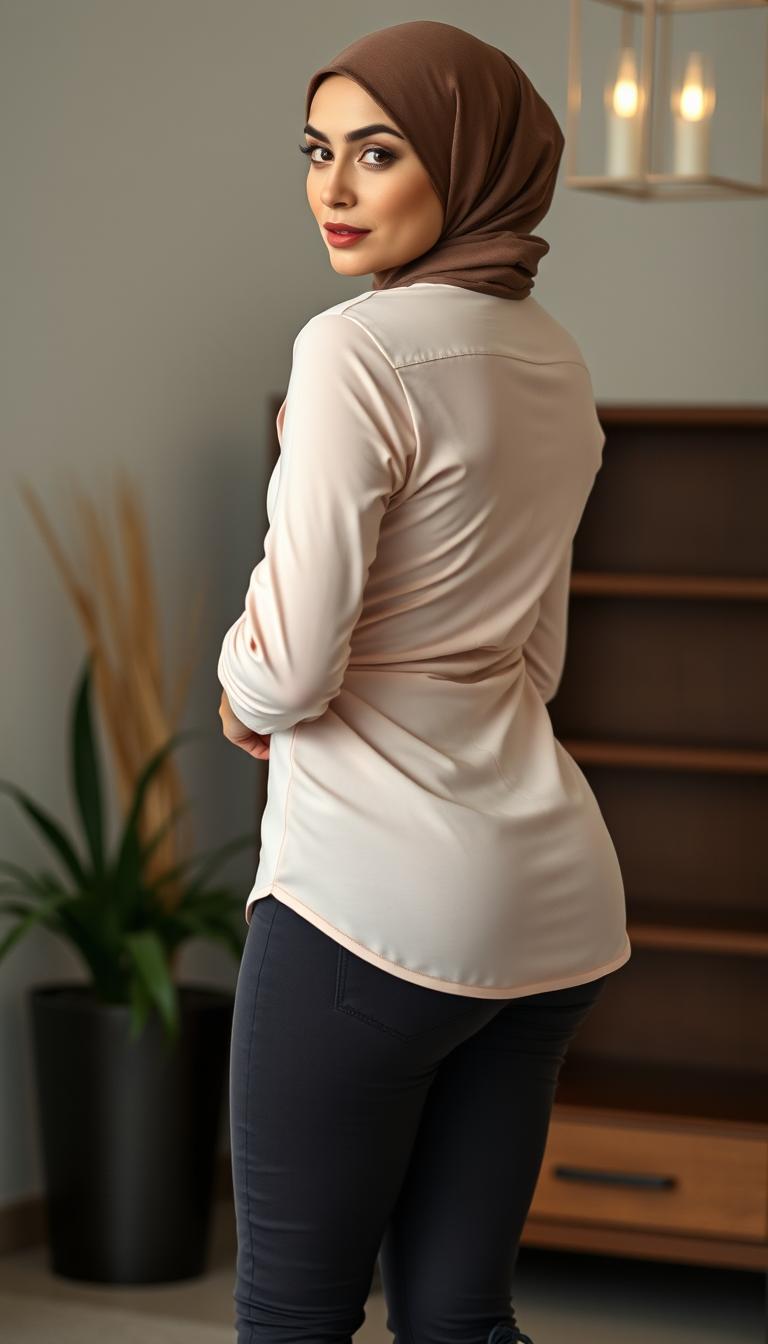 A 46-year-old Slavic secretary portrayed from a back view, glancing back at the camera with a poised expression