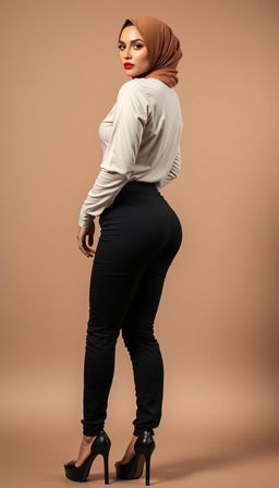 A 46-year-old Slavic secretary portrayed from a back view, glancing back at the camera with a poised expression
