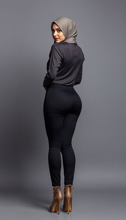 A 46-year-old Slavic secretary portrayed from a back view, glancing back at the camera with a poised expression