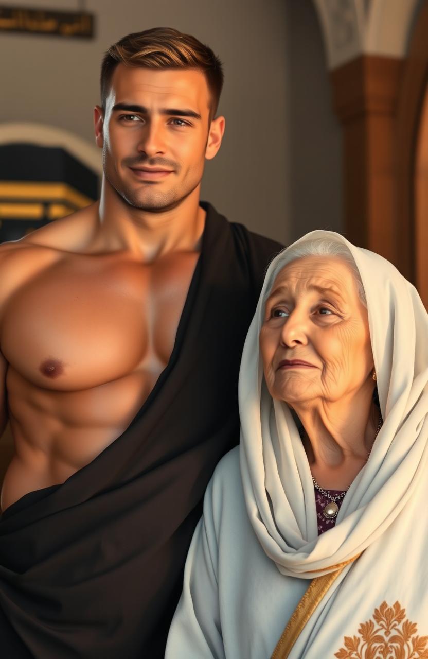 A handsome, muscular adult man standing proudly next to his elderly mother who has a gentle and wise expression