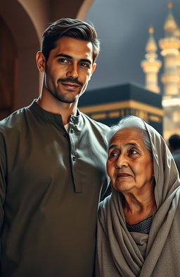 A handsome, muscular adult man standing proudly next to his elderly mother who has a gentle and wise expression