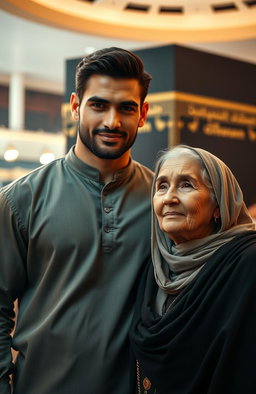 A handsome, muscular adult man standing proudly next to his elderly mother who has a gentle and wise expression