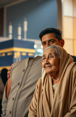 A handsome, muscular adult man standing proudly next to his elderly mother who has a gentle and wise expression