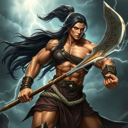 A powerful and muscular female fighter resembling Goliath, showcasing strong, defined muscles and an imposing stance